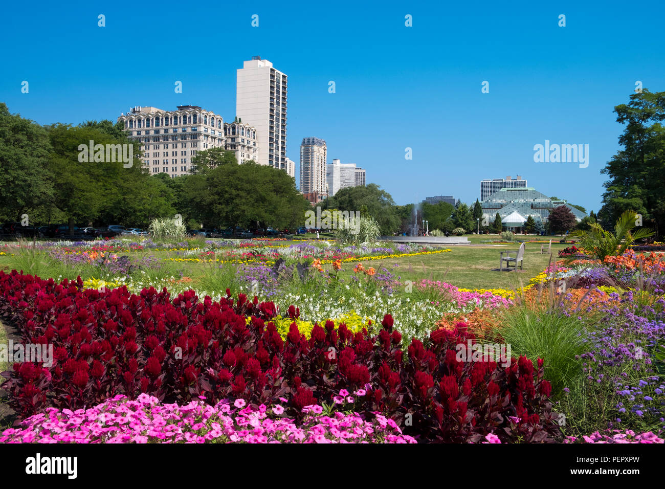 Lincoln Park Conservatory (circa 1895) e il giardino in estate, Lincoln Park di Chicago, Illinois, Stati Uniti d'America Foto Stock