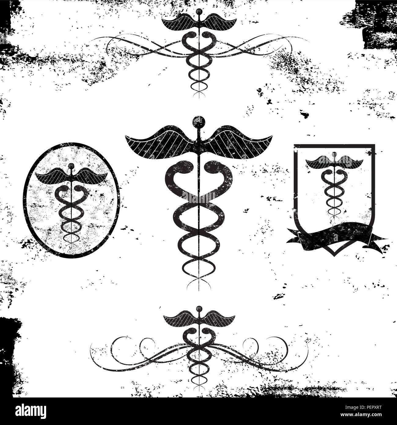 Caduceo gli elementi di design. Caduceo con elementi di design su un sfondo astratto. Illustrazione Vettoriale