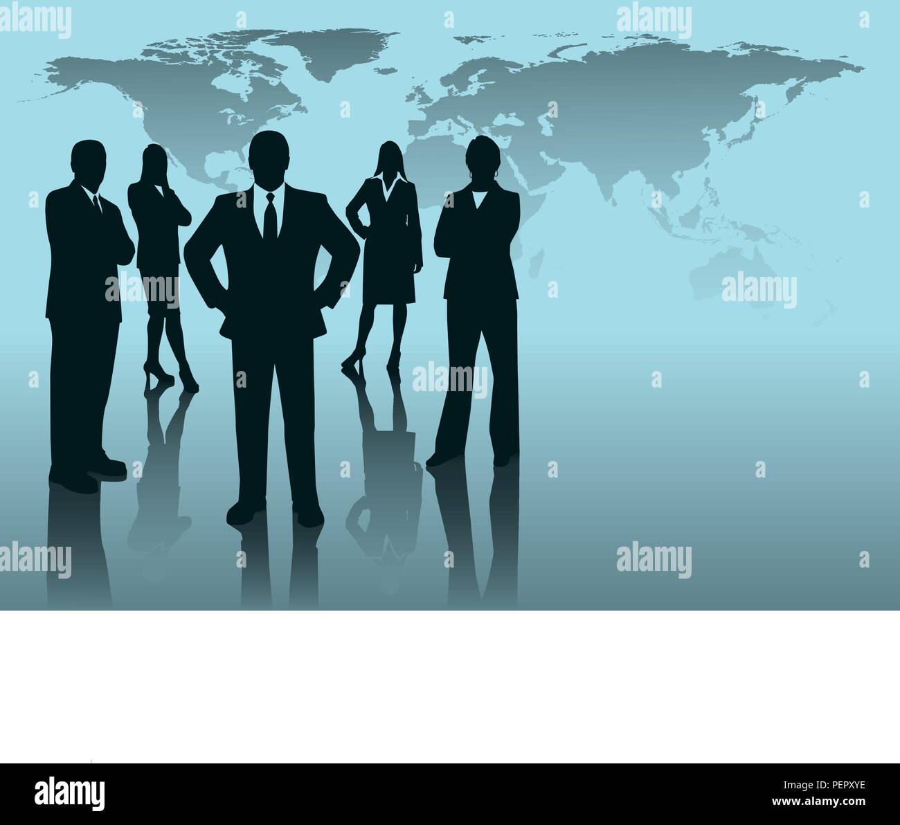 Consulenti globali. Un gruppo di persone di affari in silhouette di fronte a una mappa del mondo. Illustrazione Vettoriale