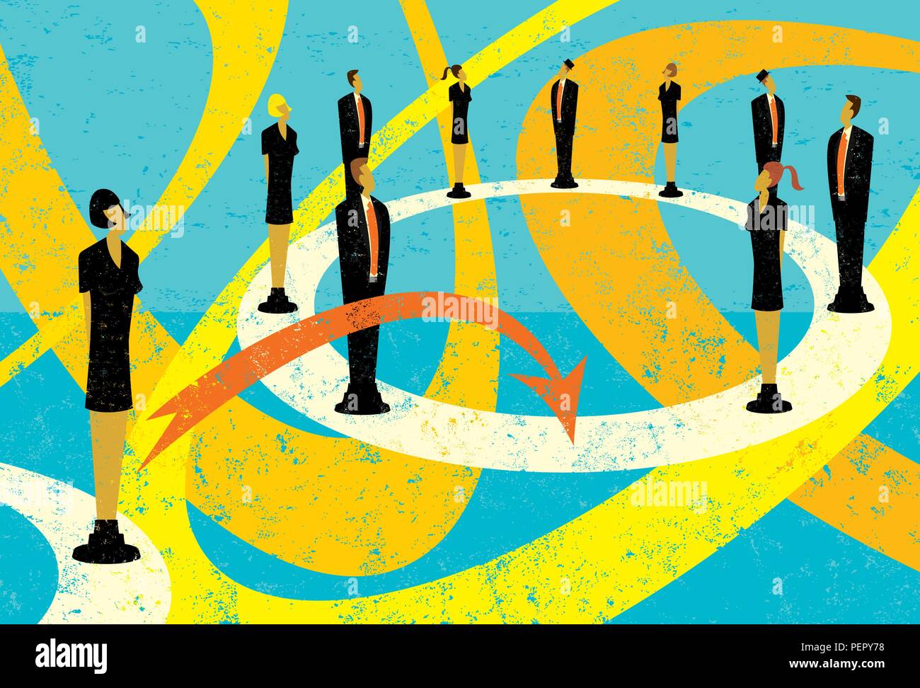 Per entrare in loop. Una imprenditrice "arrivare nel loop" per migliorare le sue possibilità di successo. Illustrazione Vettoriale