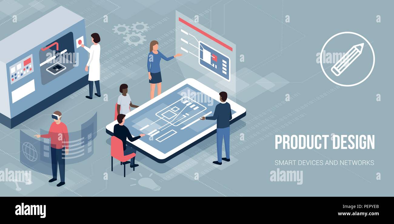 Ingegneri e progettisti che lavorano su un nuovo prodotto, accesso di realtà virtuale e la stampa con una stampante 3D: prodotti innovativi di progettazione e prototipazione Illustrazione Vettoriale