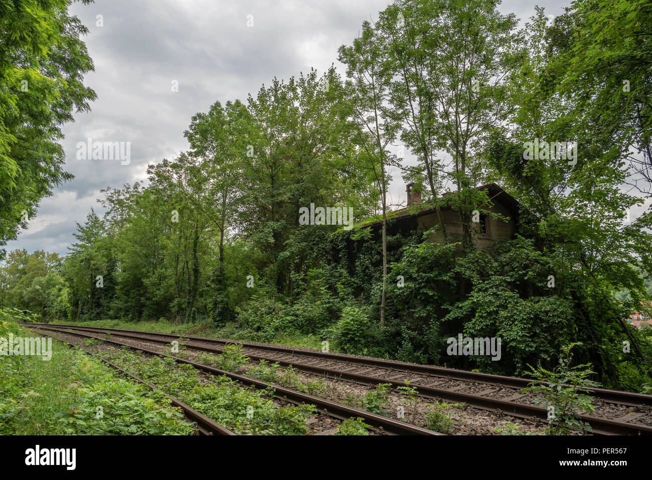 Casa sinistra da solo nella foresta, vicino a una stazione ferroviaria, superato dalla natura, ricoperti di vegetazione Foto Stock