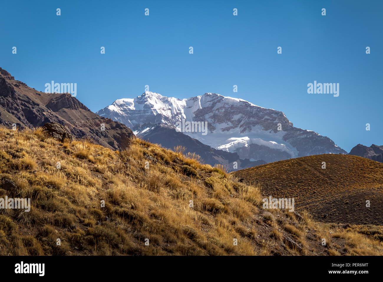 Aconcagua parete sud vista dal Parco Aconcagua nella Cordillera de Los Andes - Provincia di Mendoza, Argentina Foto Stock