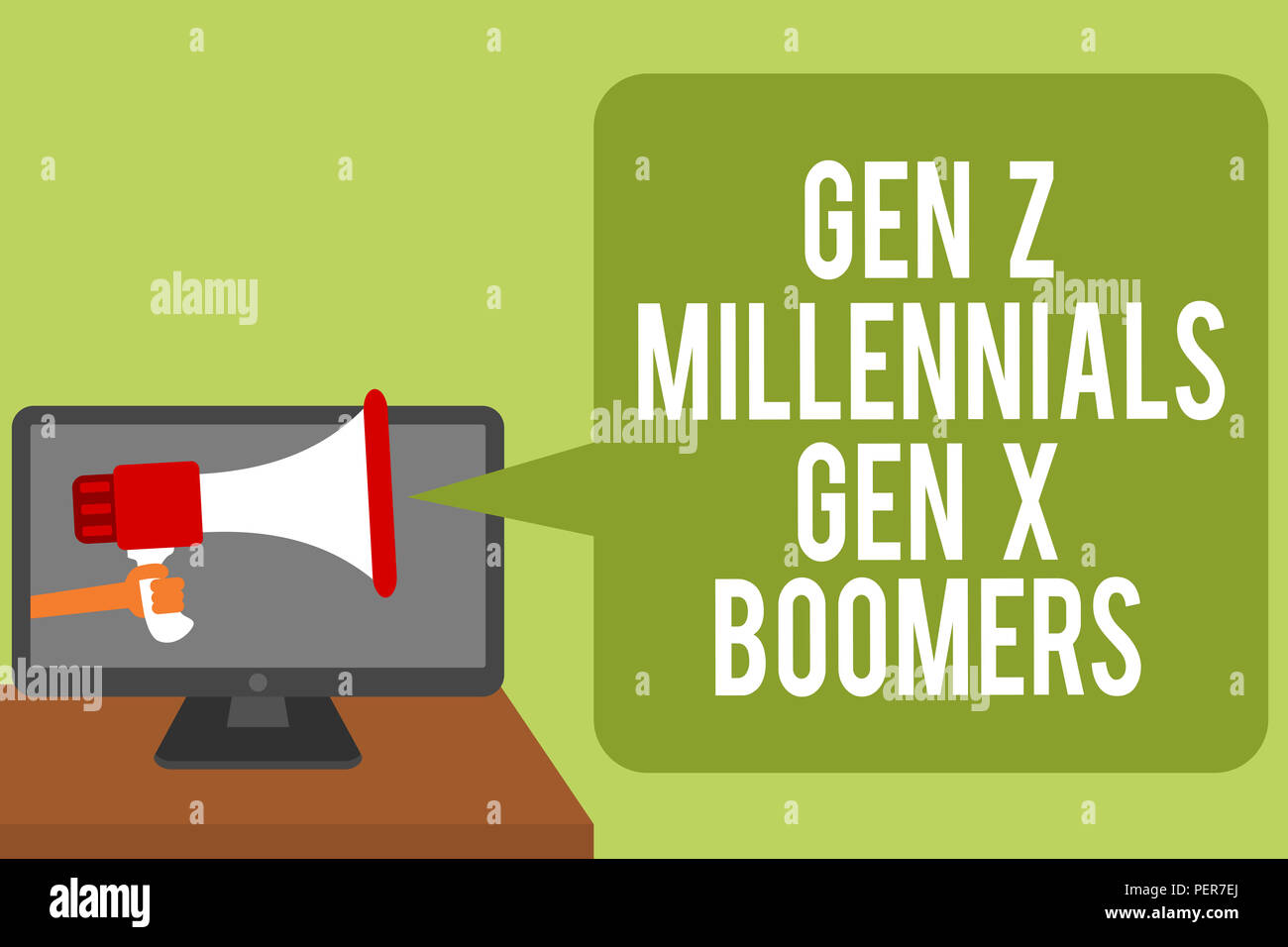 Conceptual la scrittura a mano che mostra Gen Z Millennial Gen X Boom. Business photo testo le differenze generazionali vecchi giovani uomo azienda megafono l Foto Stock