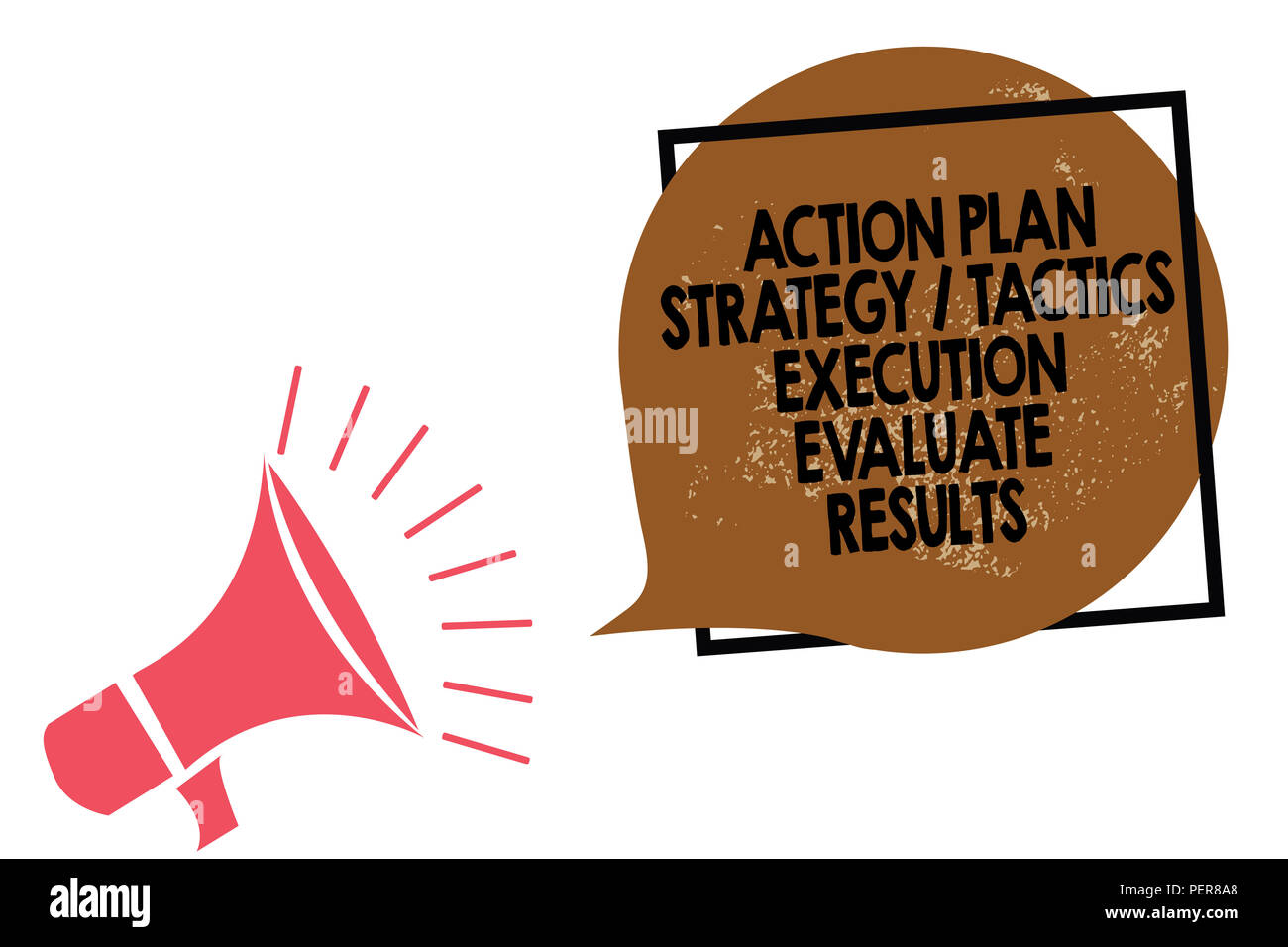 La grafia la scrittura di testo piano di azione tattica di strategia di esecuzione di valutare i risultati. Concetto significato di retroazione gestione altoparlante megafono parlando l Foto Stock