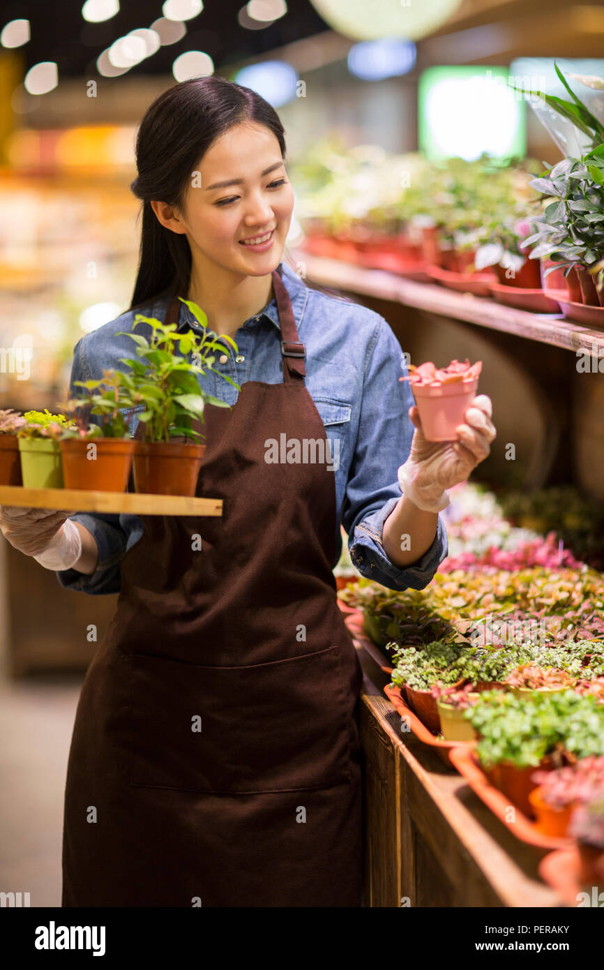 Giovane donna che lavorano nel negozio di vegetali Foto Stock