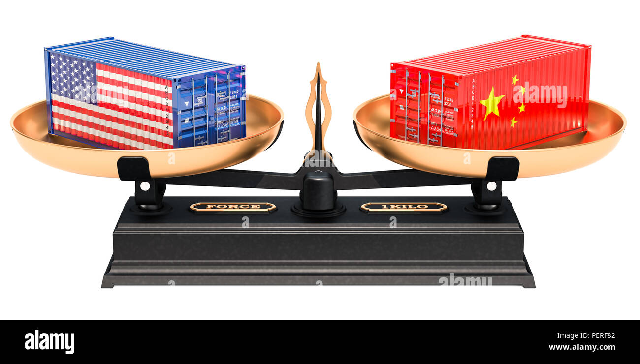 Cina e Stati Uniti d'America bilancia commerciale concetto, 3D rendering isolati su sfondo bianco Foto Stock