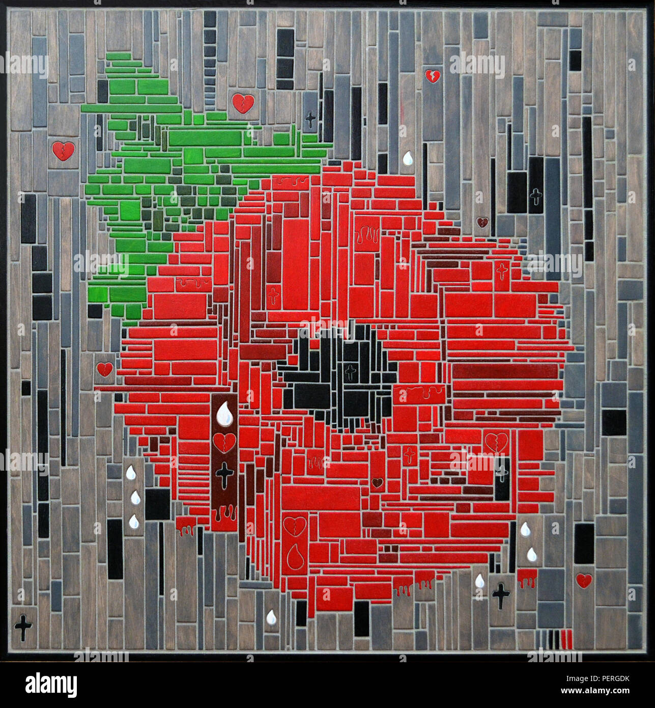 "100 anni' - questo mosaico di legno compensato rappresenta un centinaio di anni dopo la fine della grande guerra (la guerra per porre fine a tutte le guerre). Foto Stock