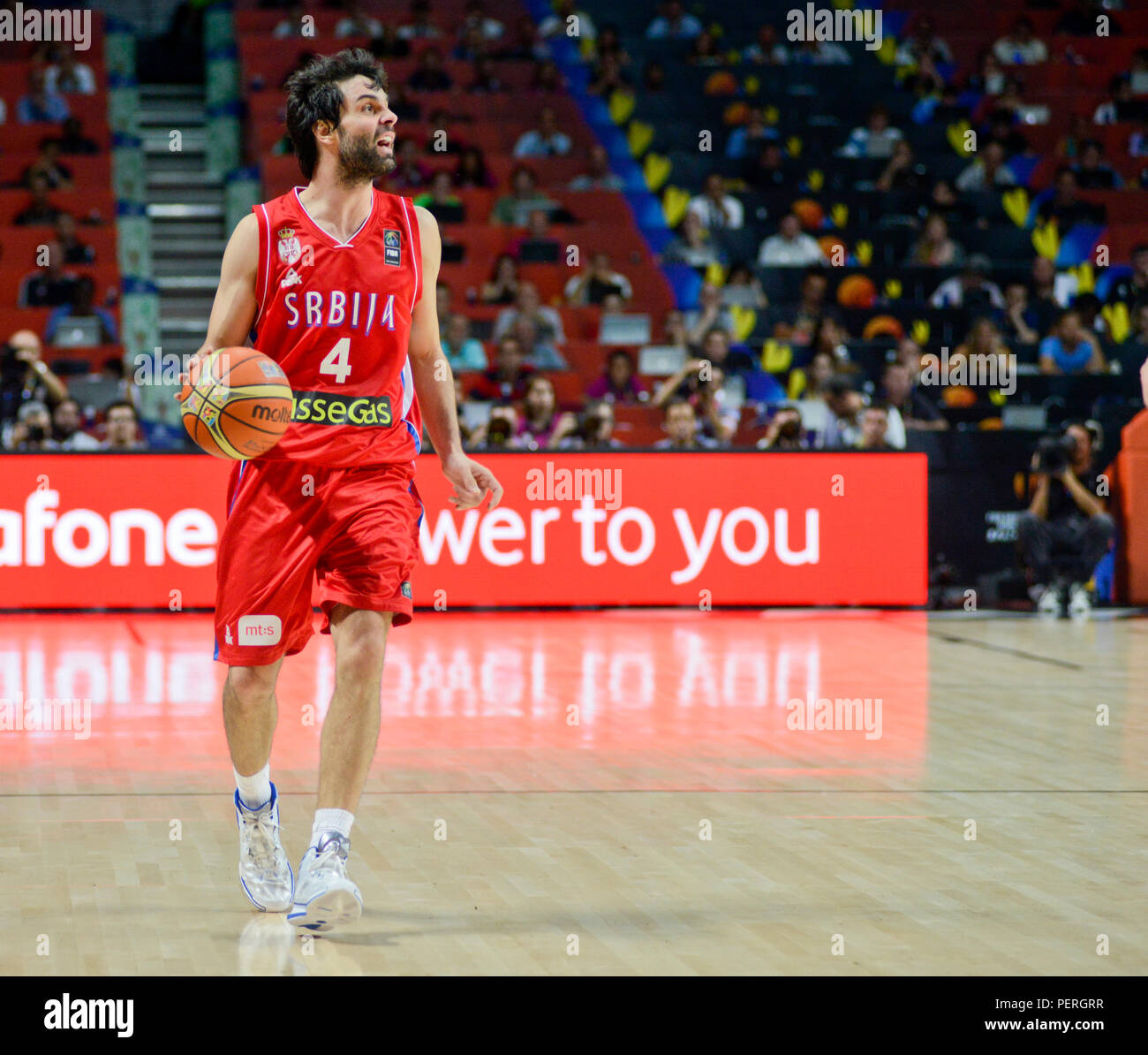 Milos Teodosic esegue il reato per il serbo squadra nazionale di basket. Pallacanestro FIBA World Cup, Spagna 2014 Foto Stock