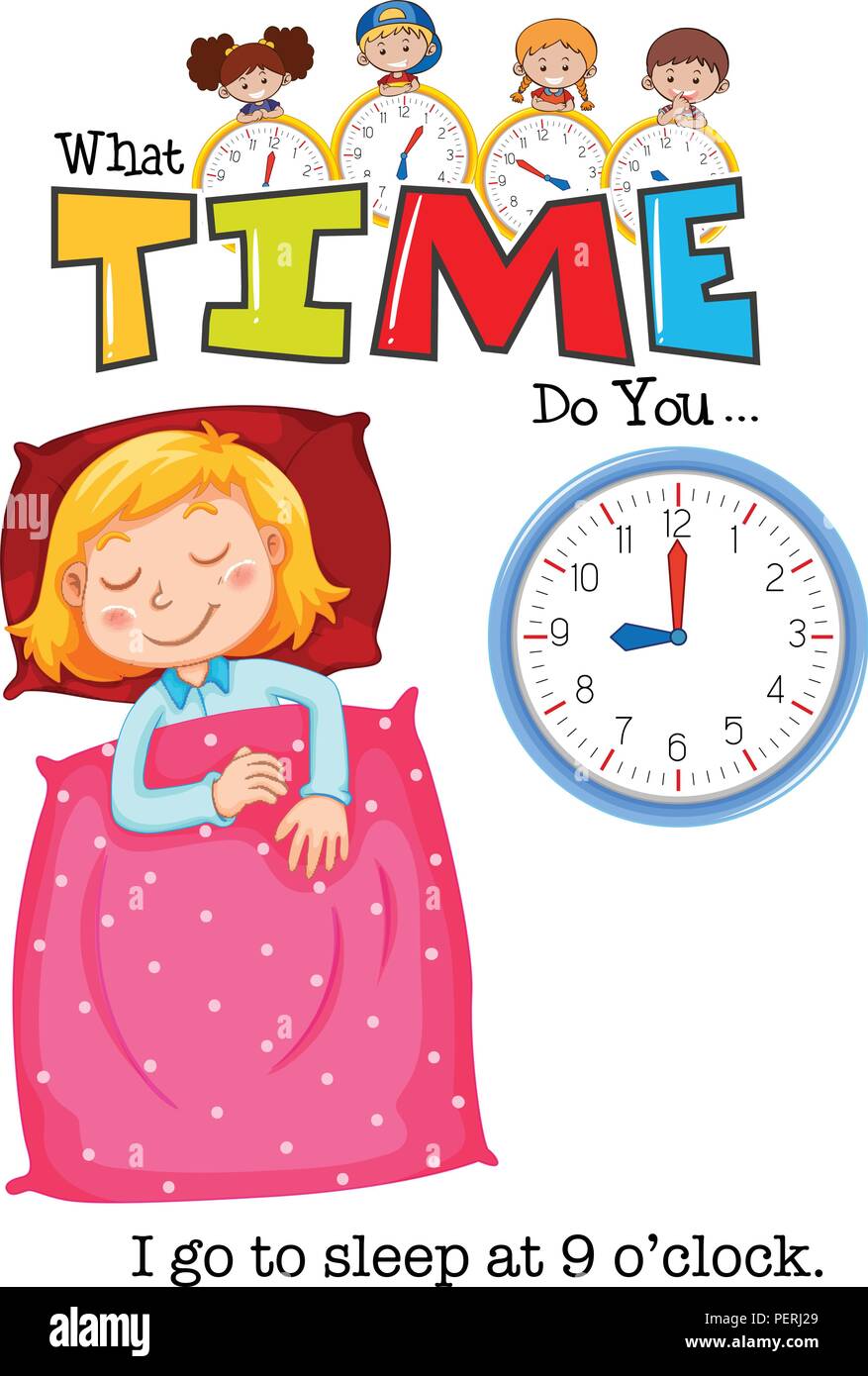 Una ragazza andare a dormire alle ore 9 illustrazione Illustrazione Vettoriale
