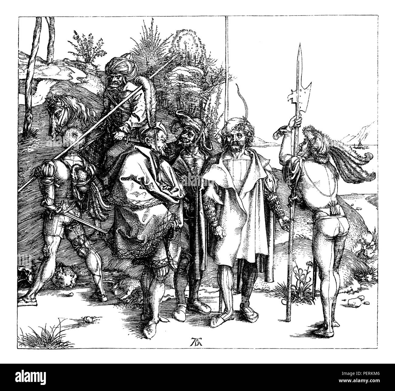 La gente di guerra alla fine del XV secolo. Facsimile della incisione di Albrecht Dürer. Nel mezzo di due nobili in cappotti, sullo sfondo di un pilota turco, Albrecht Dürer 1893 Foto Stock