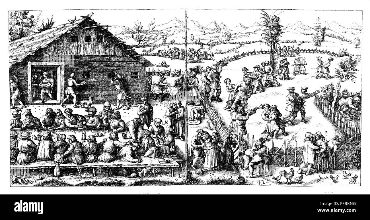 Festa del villaggio. A sinistra gli agricoltori su un lungo tavolo a Festschmaus (festa), a destra nel prato di danza, per il quale alcuni musicisti in piedi su una panchina play, 1893 Foto Stock