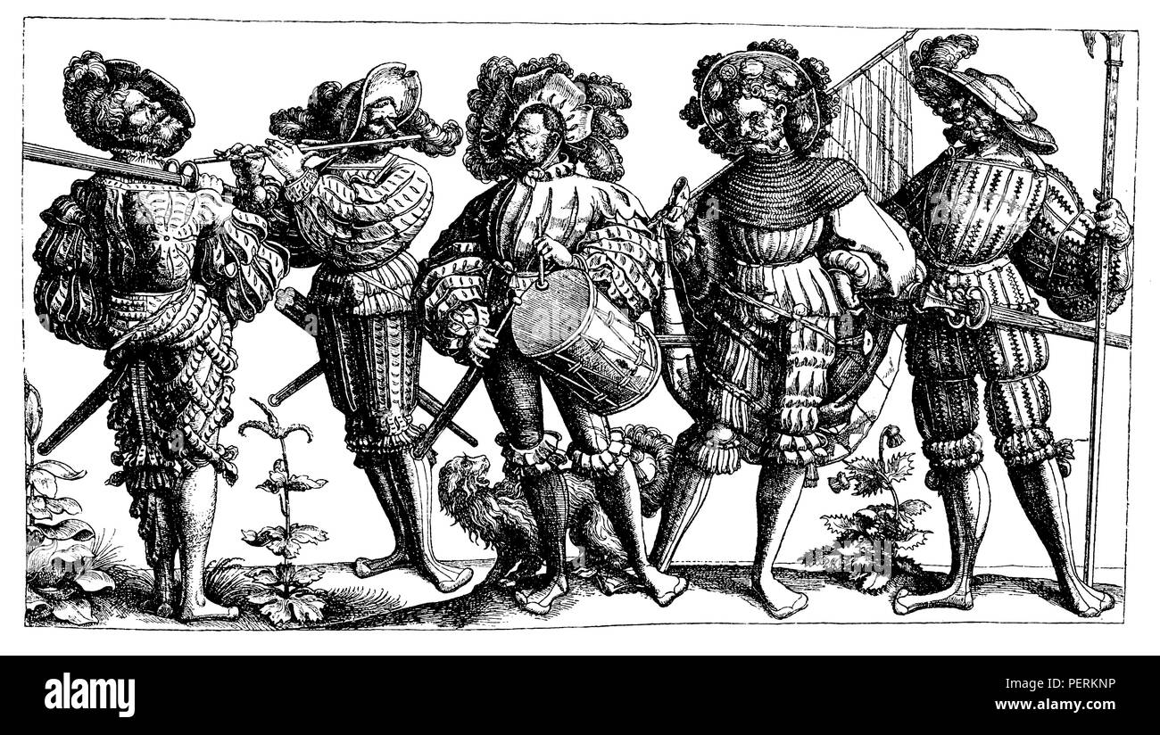 Landsknecht con la spada, Whistler, batterista, portabandiera e Landsknecht con casco-bard. Facsimile della incisione di Daniel Hopfer (c. 1500), Daniel Hopfer 1893 Foto Stock
