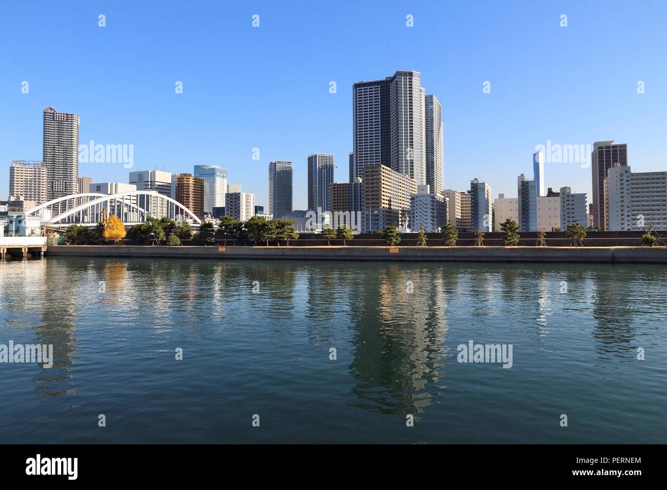 Lo skyline di Tokyo - moderni quartieri residenziali con alti edifici di appartamenti a Kachidoki. Foto Stock