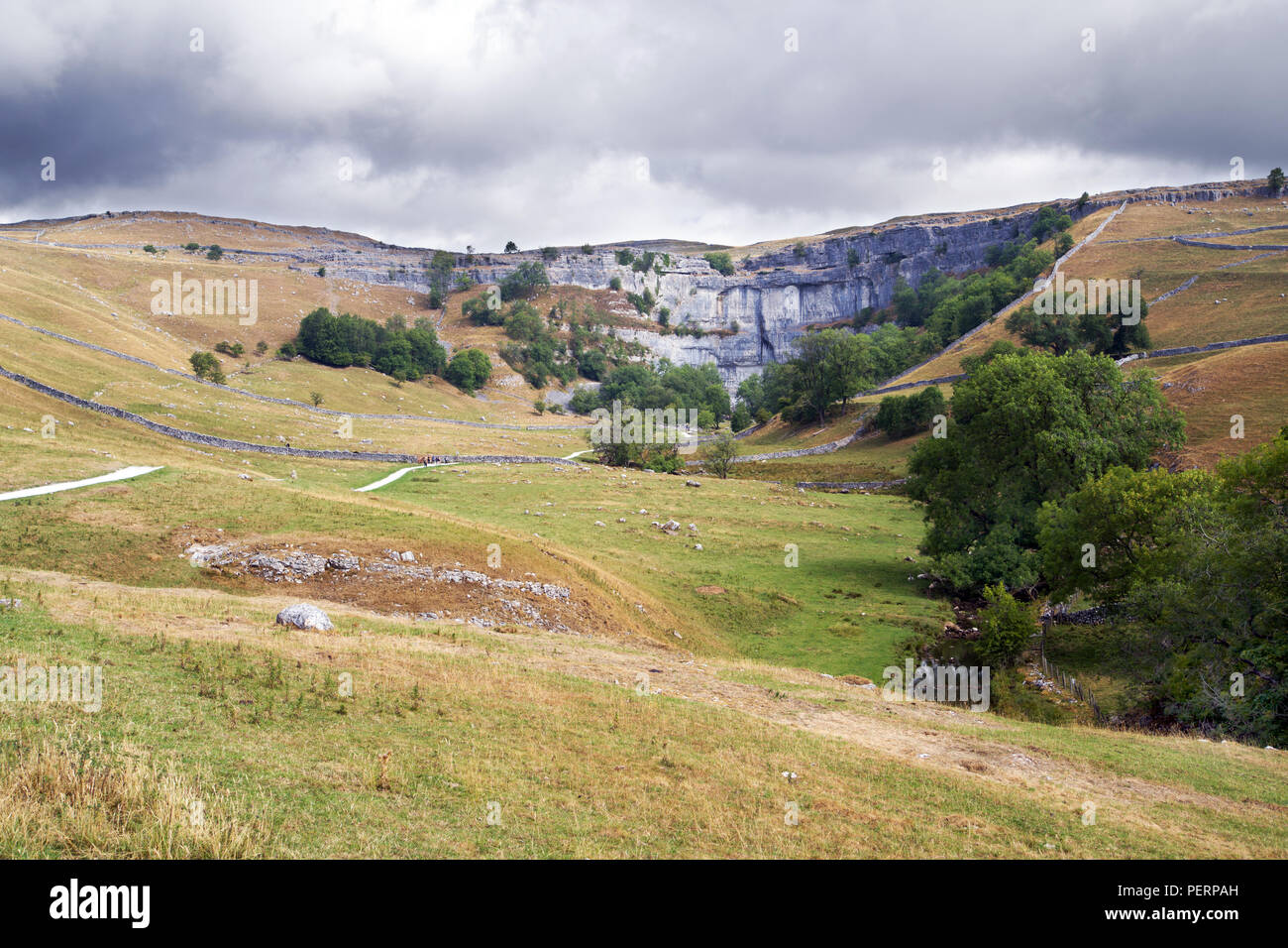 Malham Cove nel Yorkshire Dales è stato creato alla fine dell'ultima glaciazione da una cascata che trasportano acqua di disgelo dai ghiacciai. Foto Stock