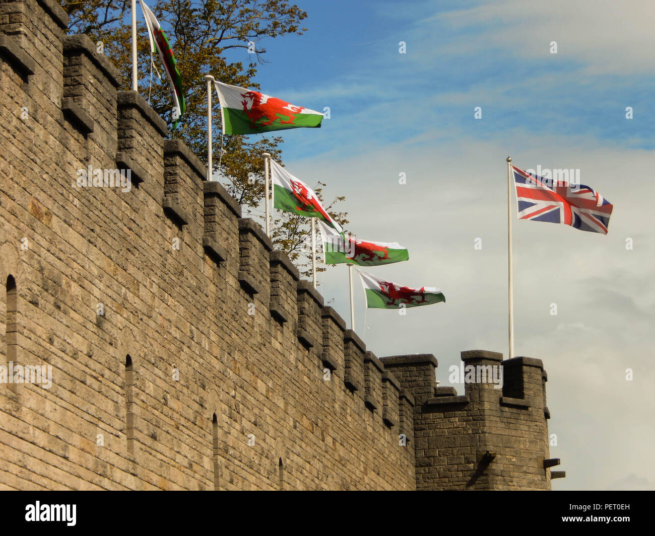 Welsh bandiere dal Castello di Cardiff nel centro della città Foto Stock