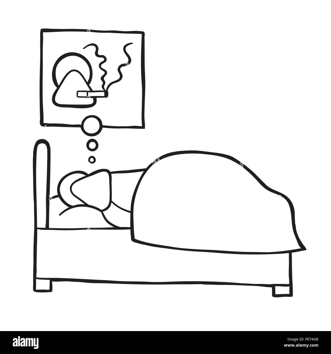 Illustrazione Vettoriale cartoon carattere uomo dorme e il fumo di sigarette in suo sogno. Illustrazione Vettoriale