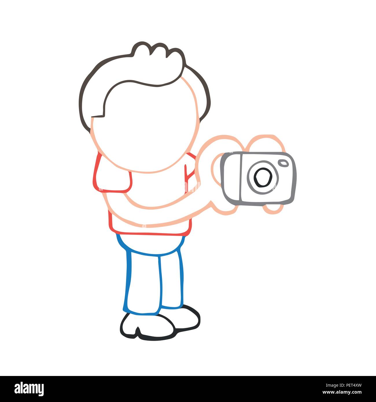 Vector disegnati a mano cartoon illustrazione del fotografo man standing riprese con la fotocamera. Illustrazione Vettoriale