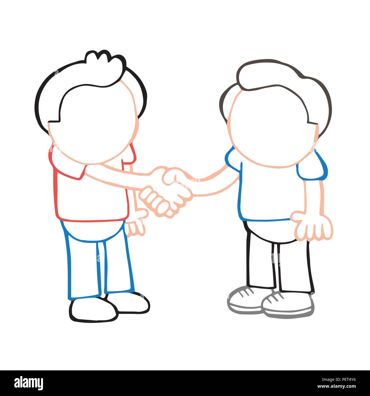 Vector disegnati a mano cartoon illustrazione di due uomini stavano in piedi agitando mani. Illustrazione Vettoriale