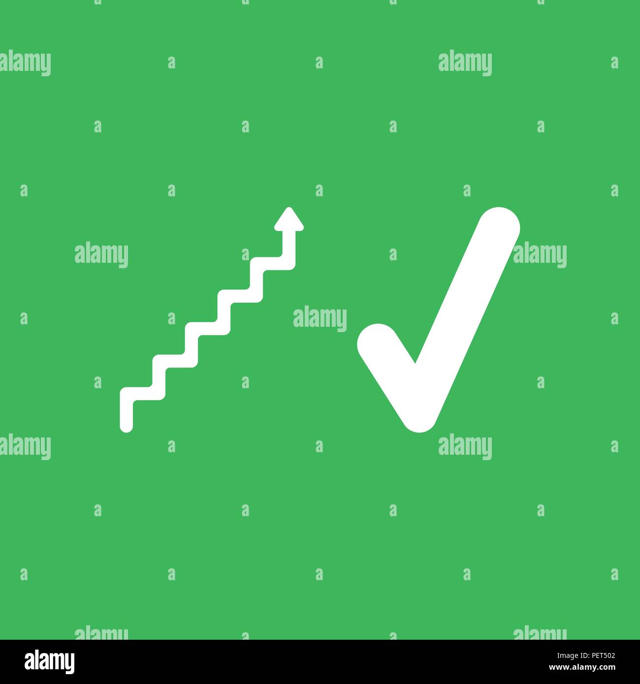 Piatto icona vettore concetto di scale con la freccia il movimento in su e in segno di spunta su sfondo verde. Illustrazione Vettoriale