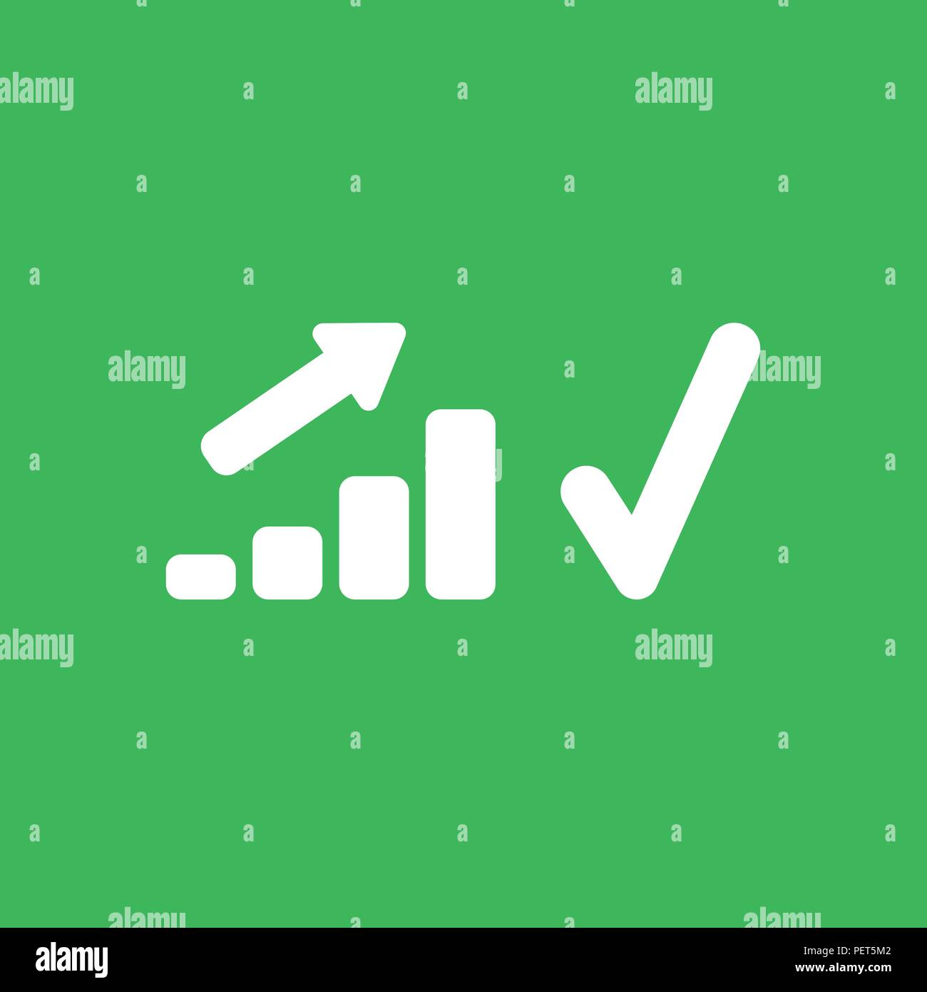 Piatto icona vettore nozione di vendita grafico a barre nello spostamento verso l'alto con il segno di spunta su sfondo verde. Illustrazione Vettoriale