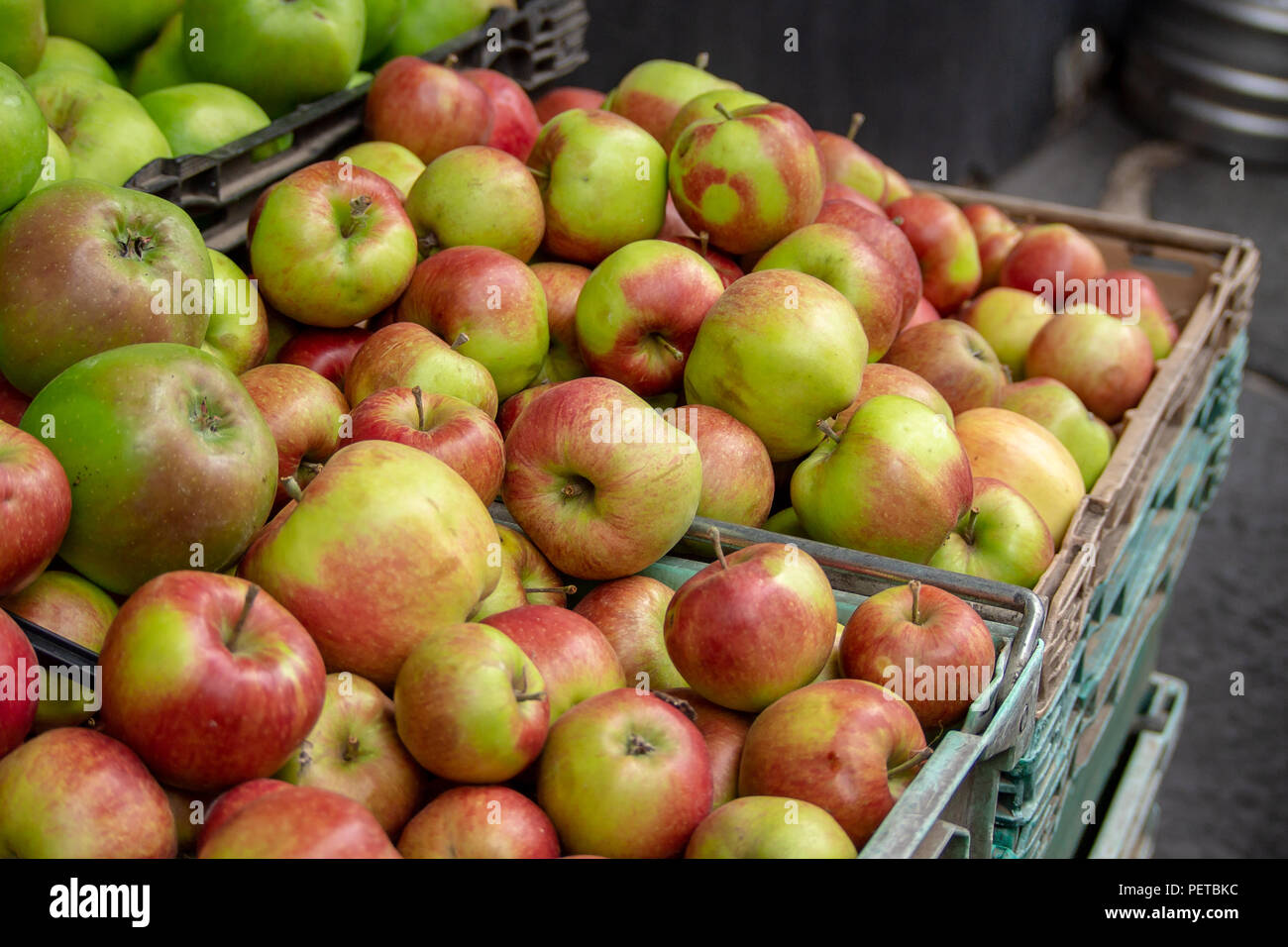 Appena raccolto le mele in una cassa in vendita nel mercato di Borough, Southwark, Londra UK Foto Stock