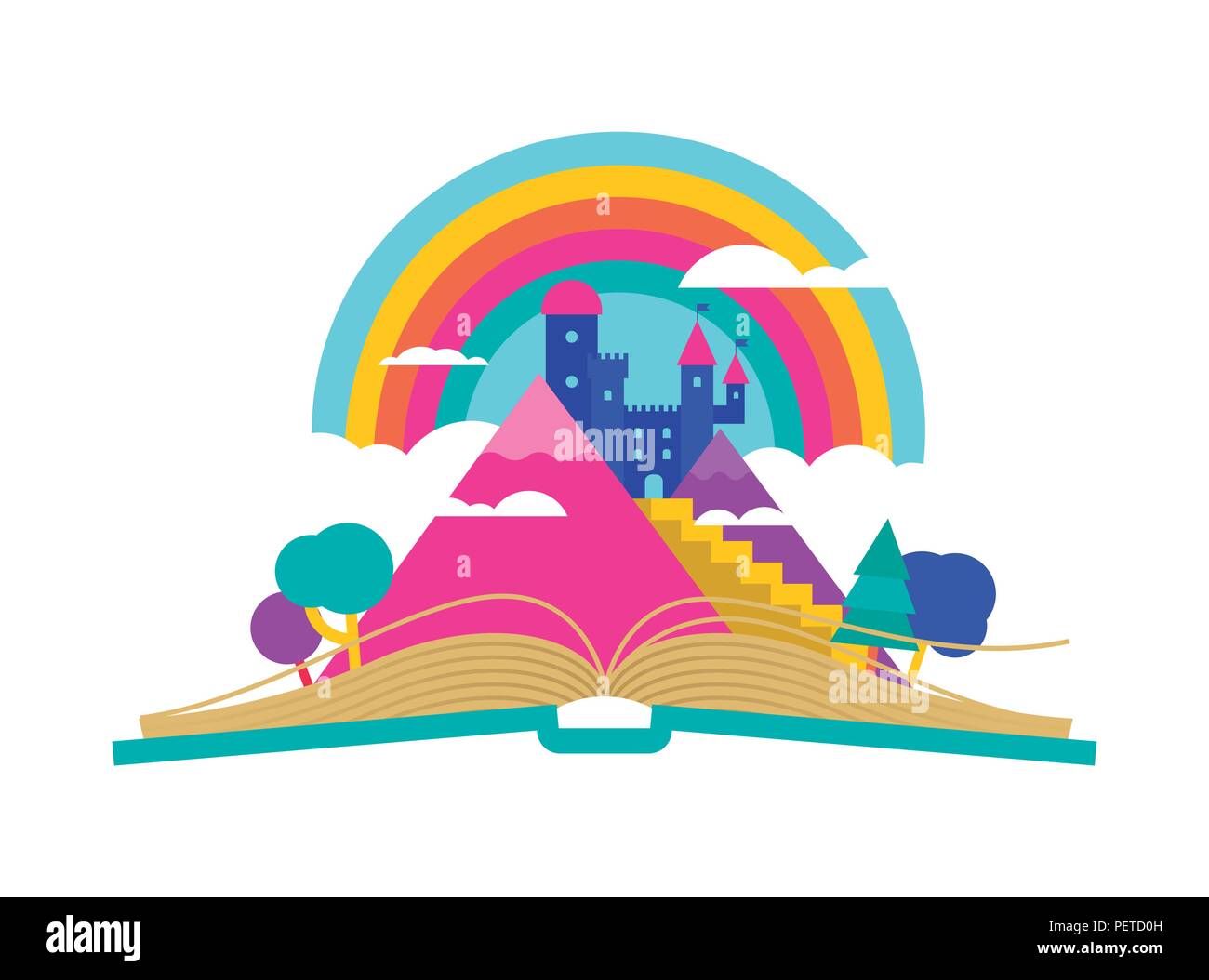 Libro Aperto illustrazione con magic fiabesco paesaggio regno, bambini immaginazione e il concetto di lettura. Torre del castello di montagna su rainbow sky, colorf Illustrazione Vettoriale