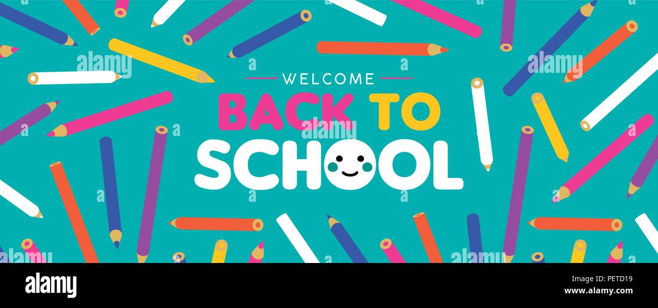 Benvenuti Torna a scuola banner web e colorati di arte della decorazione a matita per bambini e divertimento tipografia preventivo. EPS10 vettore. Illustrazione Vettoriale