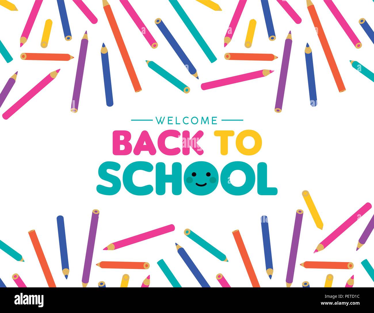 Benvenuti Torna a scuola di illustrazione, colorati a matita arte decorazione per bambini e divertimento tipografia preventivo. EPS10 vettore. Illustrazione Vettoriale