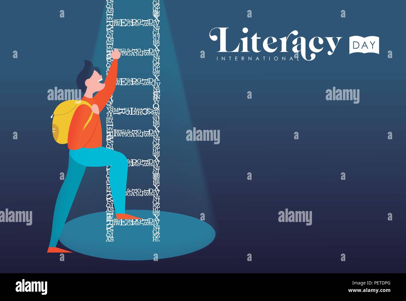 Giornata internazionale dell'Alfabetizzazione illustrazione, ragazzo arrampicata scala fatta di lettere alfabeto per bambini il concetto di istruzione. EPS10 vettore. Illustrazione Vettoriale