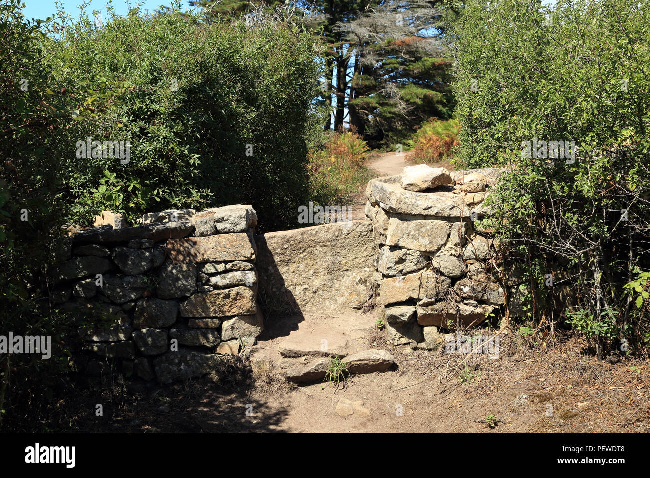 Lo stile di pietra (punto di attraversamento) in pietra a secco a muro sul sentiero costiero a Boglieux, Ile aux Moines, Morbihan, in Bretagna, Francia Foto Stock