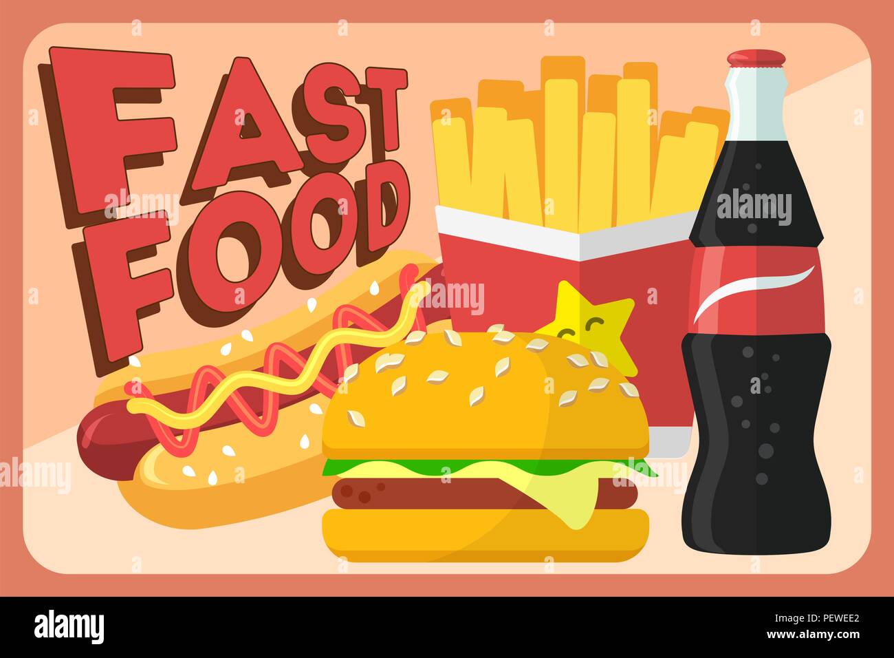 Colorato fast food retrò vettore banner. Il fast food hamburger cena e ristorante, gustoso impostare il fast food molti pasti malsani e fast food nutrizione classico in stile appartamento. Illustrazione Vettoriale