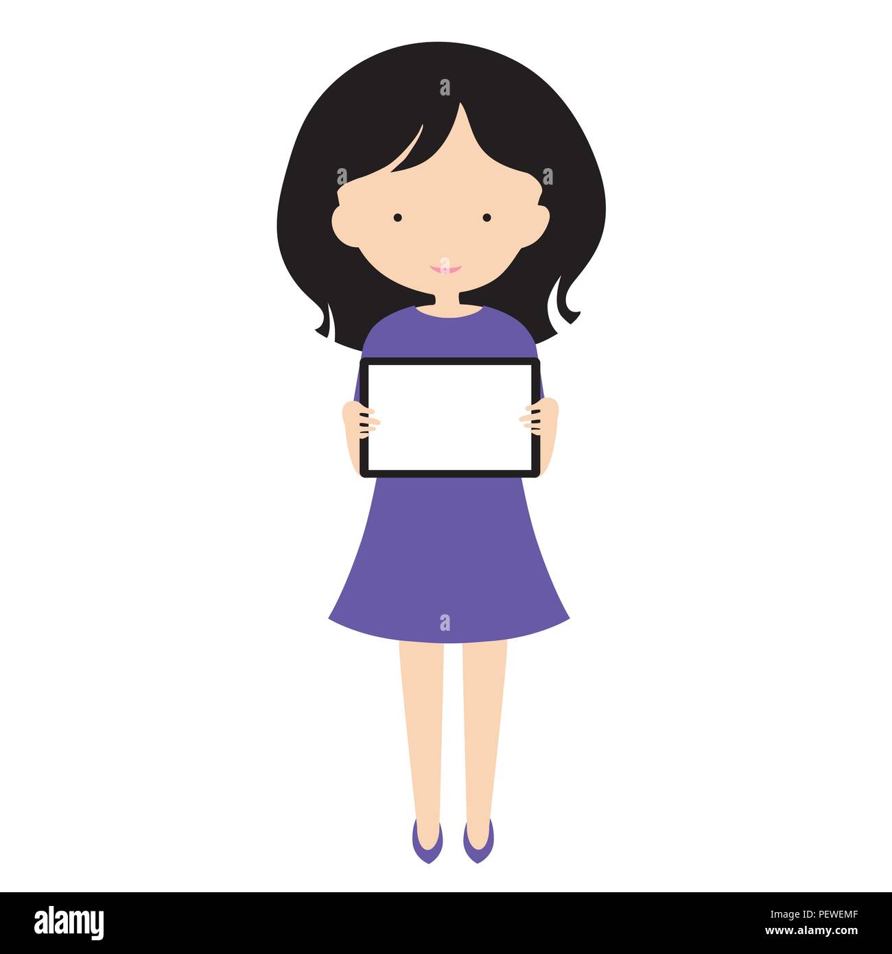 Giovane donna in piedi e tenendo un tablet con display vuoto, con spazio per il testo - il vettore, design piatto Illustrazione Vettoriale
