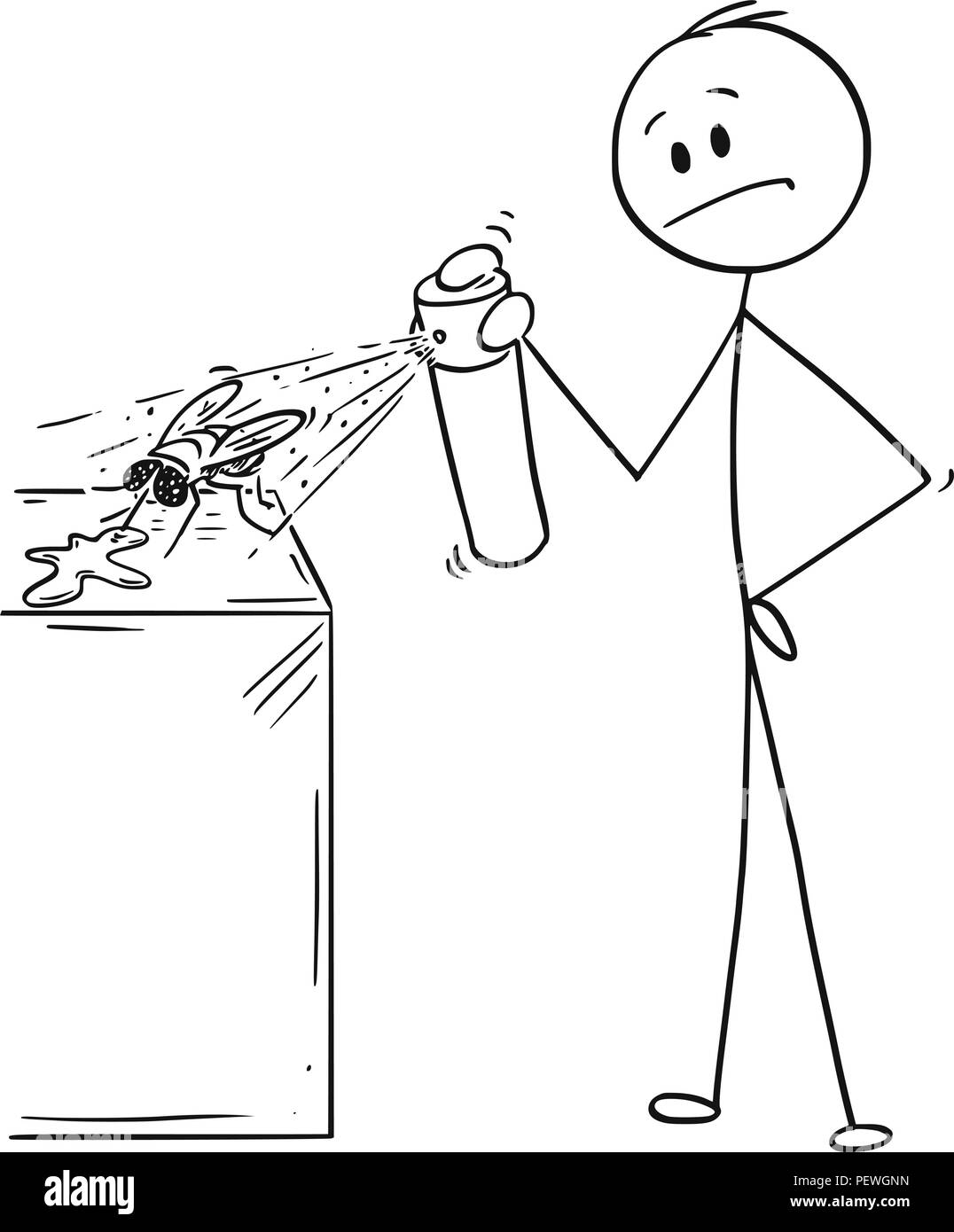 Cartoon di uomo che colpisce e uccidere una mosca con insetticida spray chimici Illustrazione Vettoriale