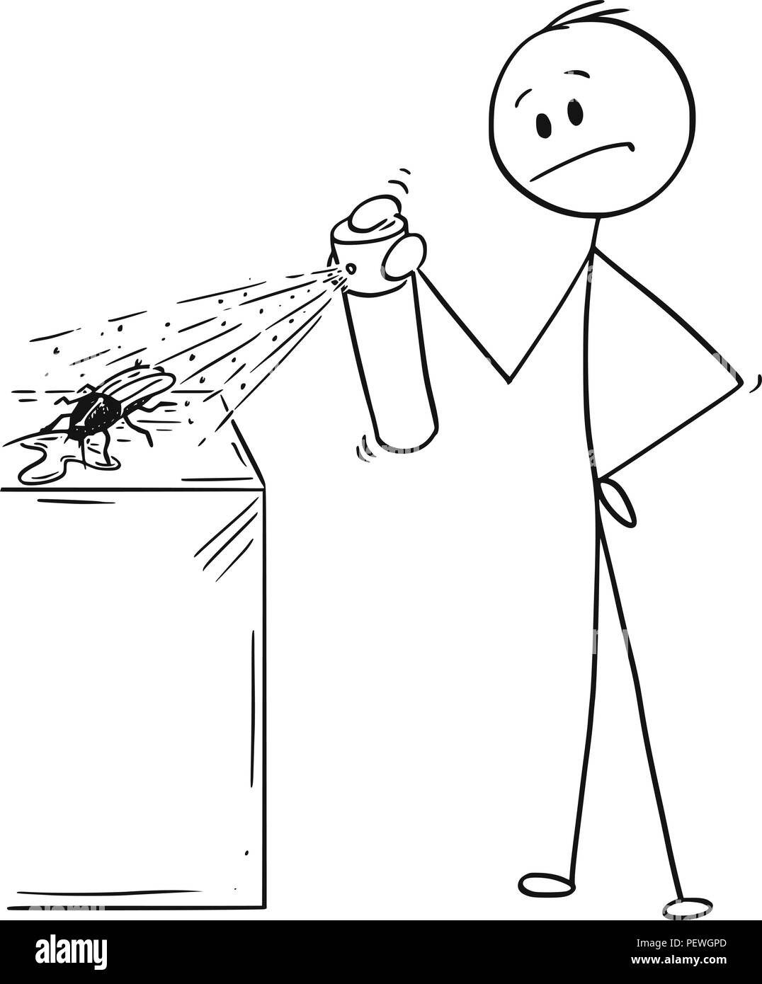 Cartoon di uomo che colpisce e uccidere un Bug o scarafaggio o Roach con insetticida spray chimici Illustrazione Vettoriale