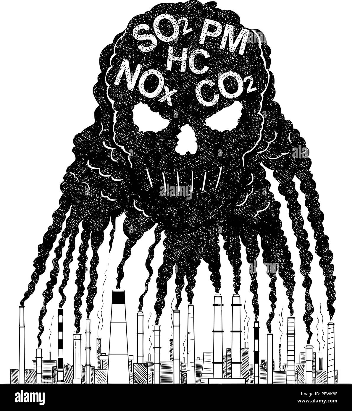 Vettore di disegno artistico illustrazione di fumo dalla fornace Creazione di cranio umano, concetto di tossici Inquinamento atmosferico Illustrazione Vettoriale