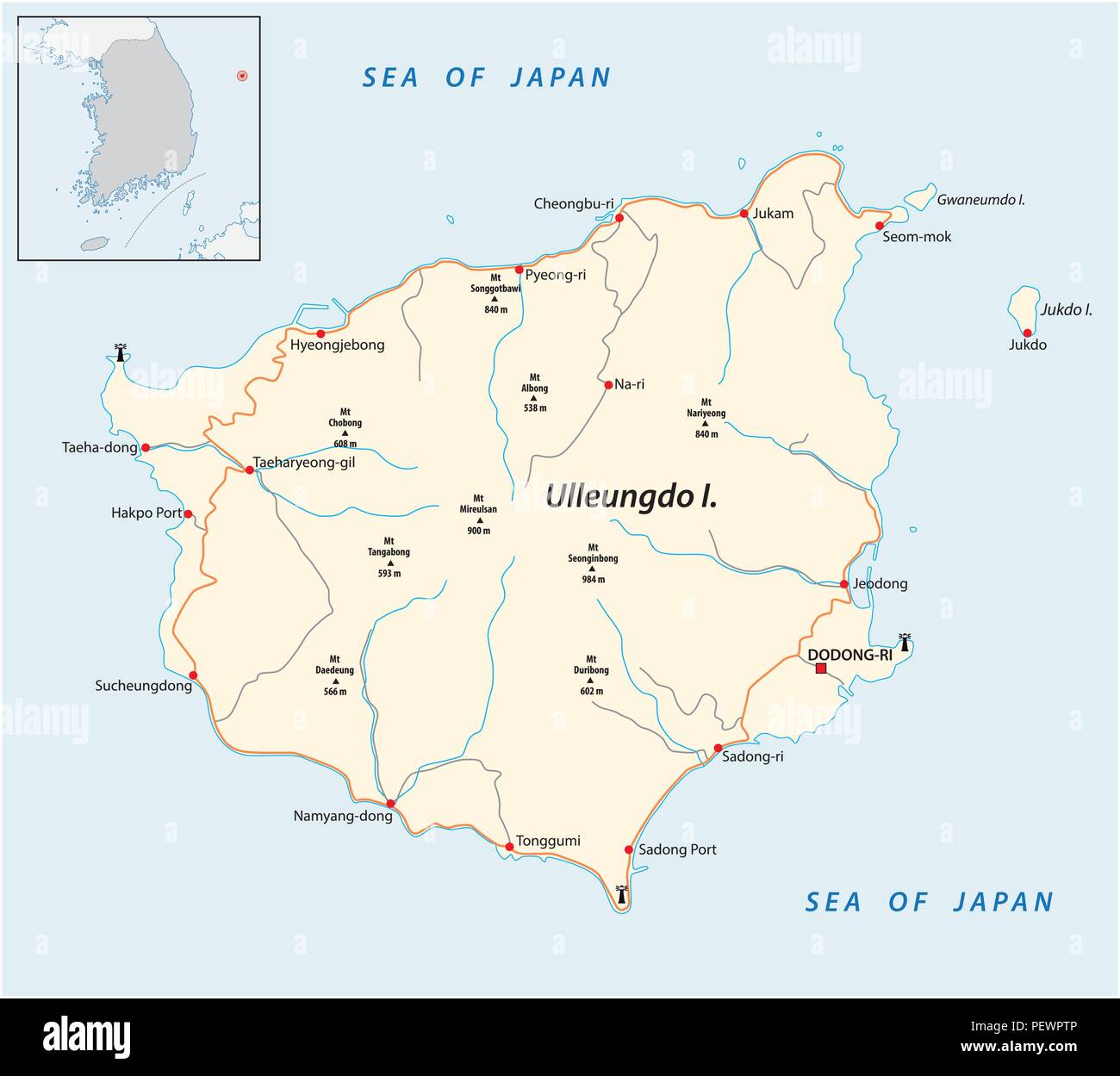 Isola Ulleungdo road e contorno mappa vettoriale. Illustrazione Vettoriale