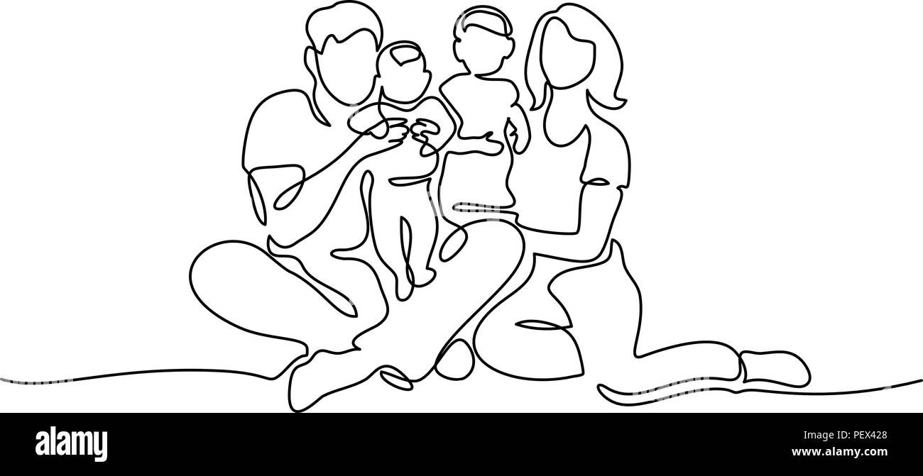 Continuo di un disegno della linea. Concetto di famiglia. Padre, madre e due bambini seduti insieme. Illustrazione Vettoriale Illustrazione Vettoriale