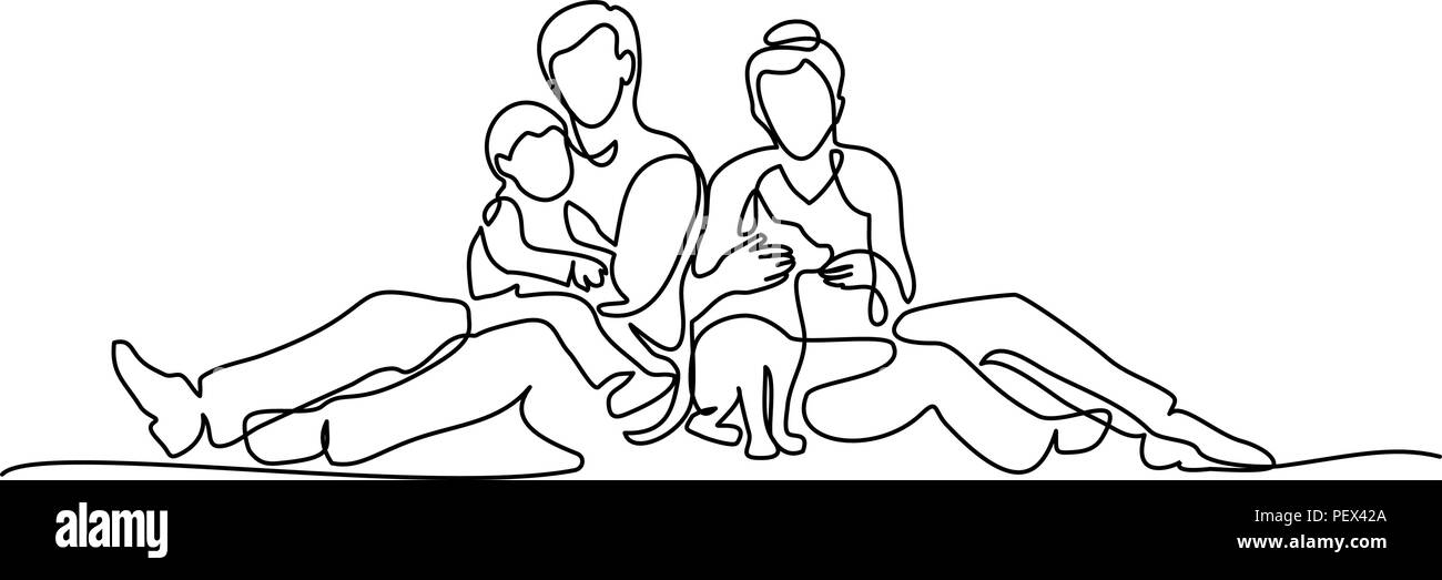 Continuo di un disegno della linea. Concetto di famiglia. Padre, madre e bambino seduti insieme. Illustrazione Vettoriale Illustrazione Vettoriale