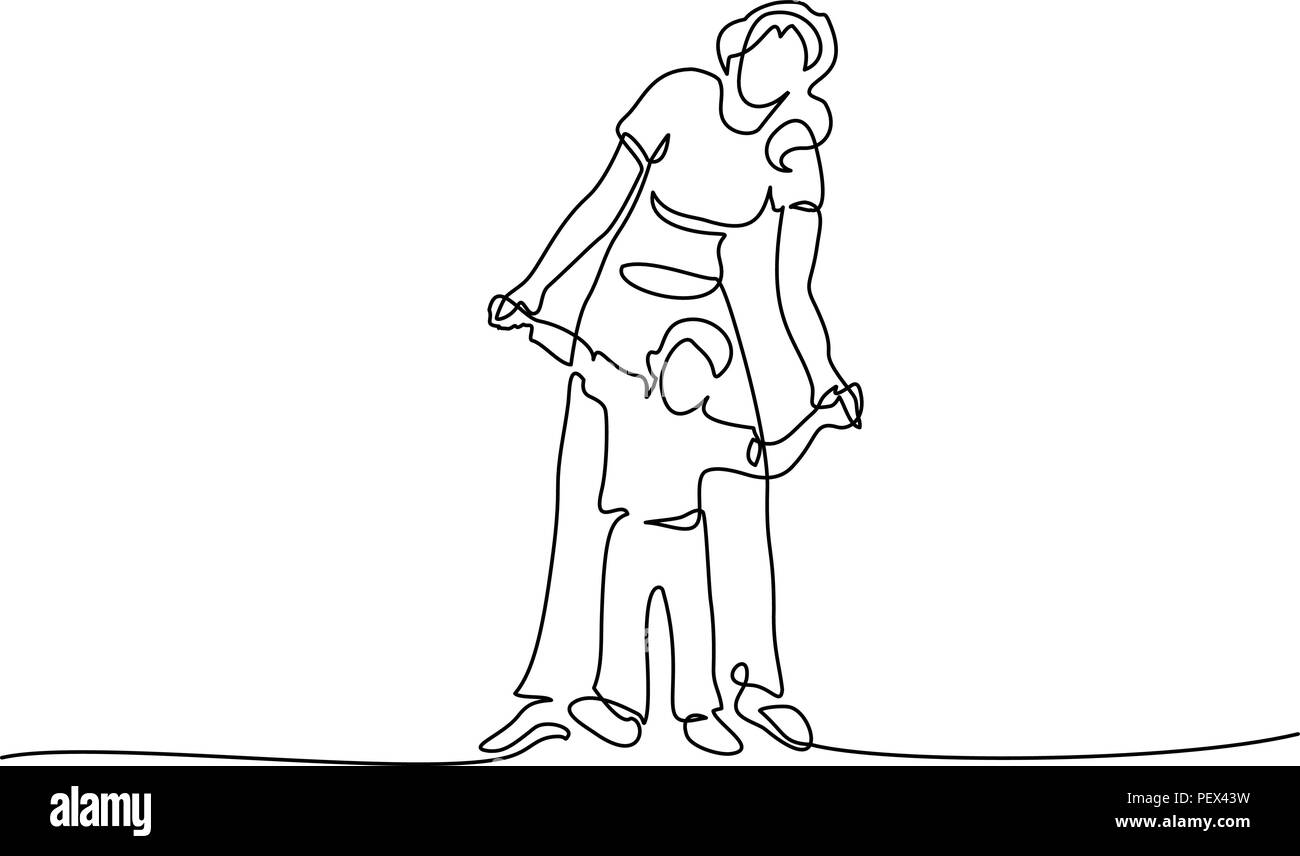 Continuo di un disegno della linea. Concetto di famiglia. La madre cammina con piccolo figlio. Illustrazione Vettoriale Illustrazione Vettoriale