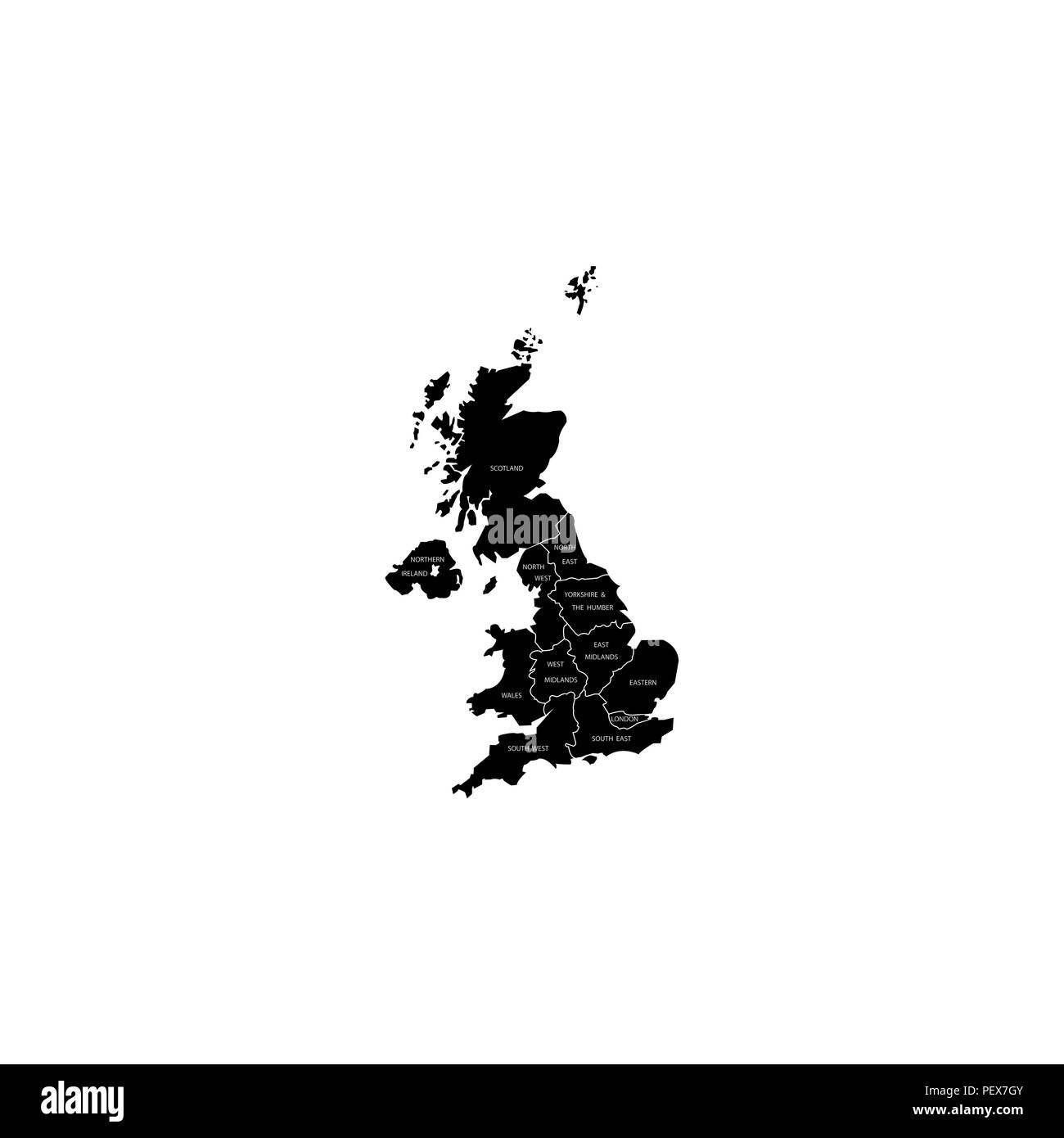 Regno Unito Regno Unito Regioni Mappa nero su sfondo bianco Illustrazione Vettoriale