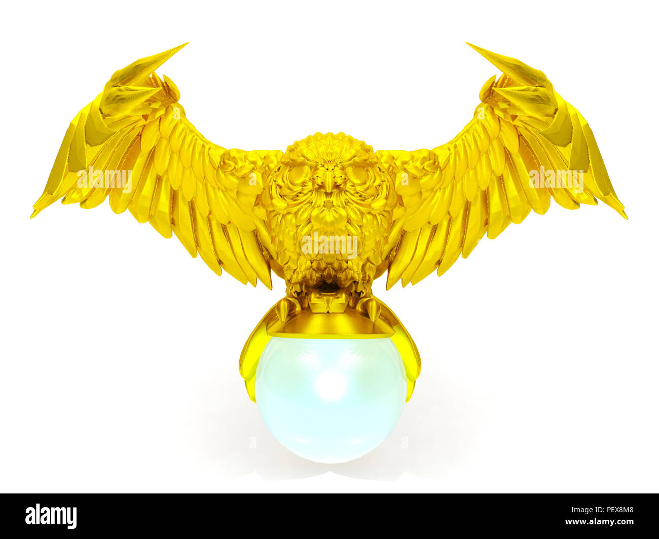 Gufo reale la figura e la sfera magica isolati su sfondo bianco Foto Stock