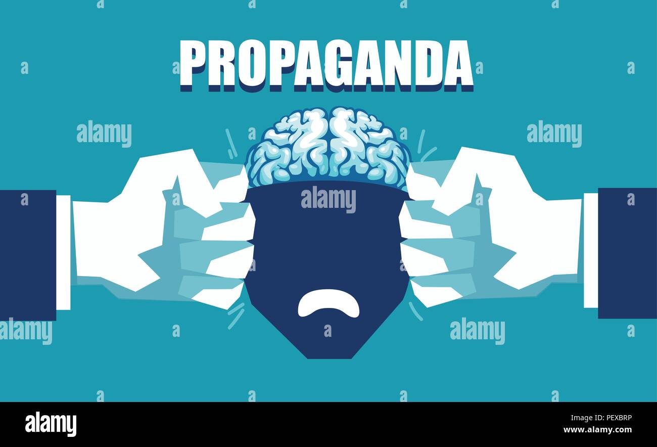 Il controllo della mente e il concetto di propaganda. Vettore di aprire una testa umana schiacciato tra due pugni Illustrazione Vettoriale