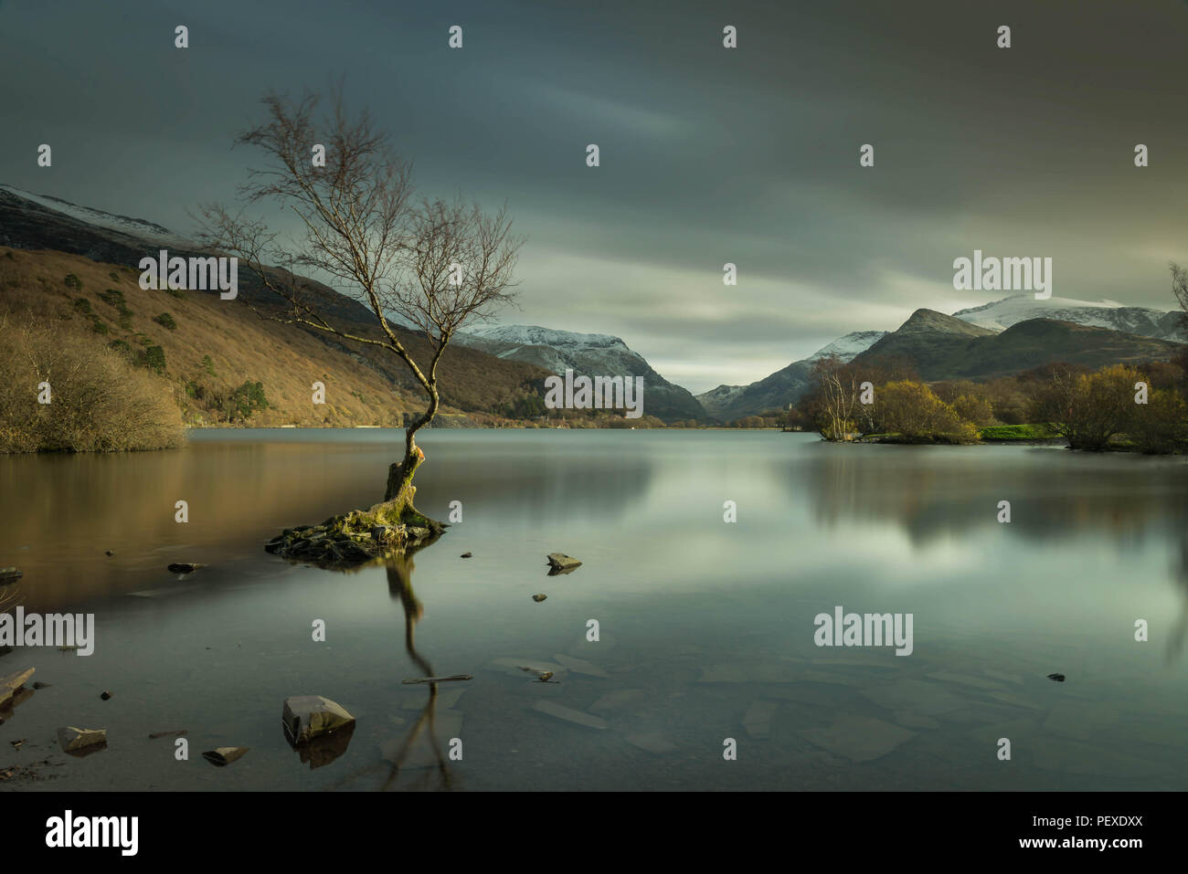 Lynn padarn, Snowdonia, situato nel bellissimo parco nazionale di Snowdonia a Llanberis, ha preso questa immagine in una fredda mattina di novembre Foto Stock