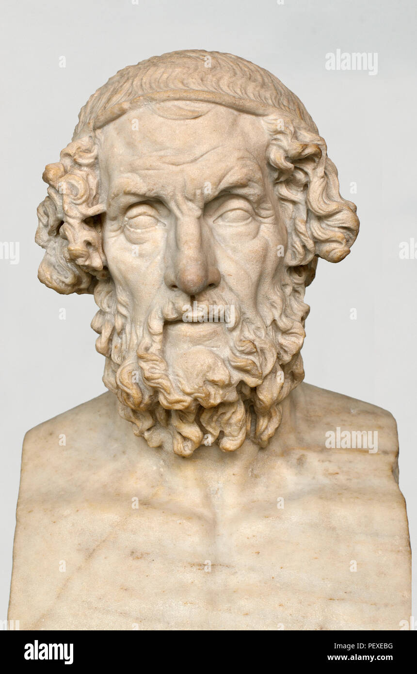Busto in marmo di Omero (autore dell'Iliade e l'odissea: 7a/8thC BC) British Museum, Bloomsbury, Londra, Inghilterra, Regno Unito. Copia romana di originale greco Foto Stock