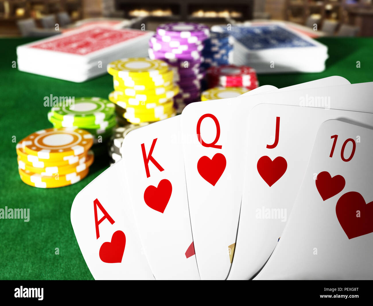 Poker scala reale la mano e casino le mani in piedi sul tavolo del poker.  3D'illustrazione Foto stock - Alamy