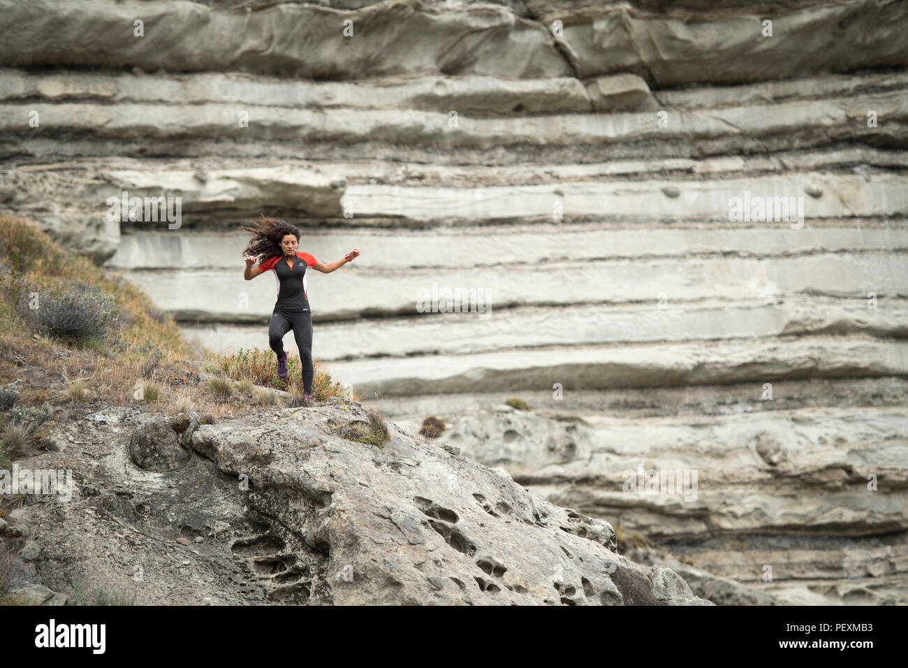 Corsa su sentiero nel Parco Nazionale Torres del Paine, regione di Magallanes, Cile Foto Stock