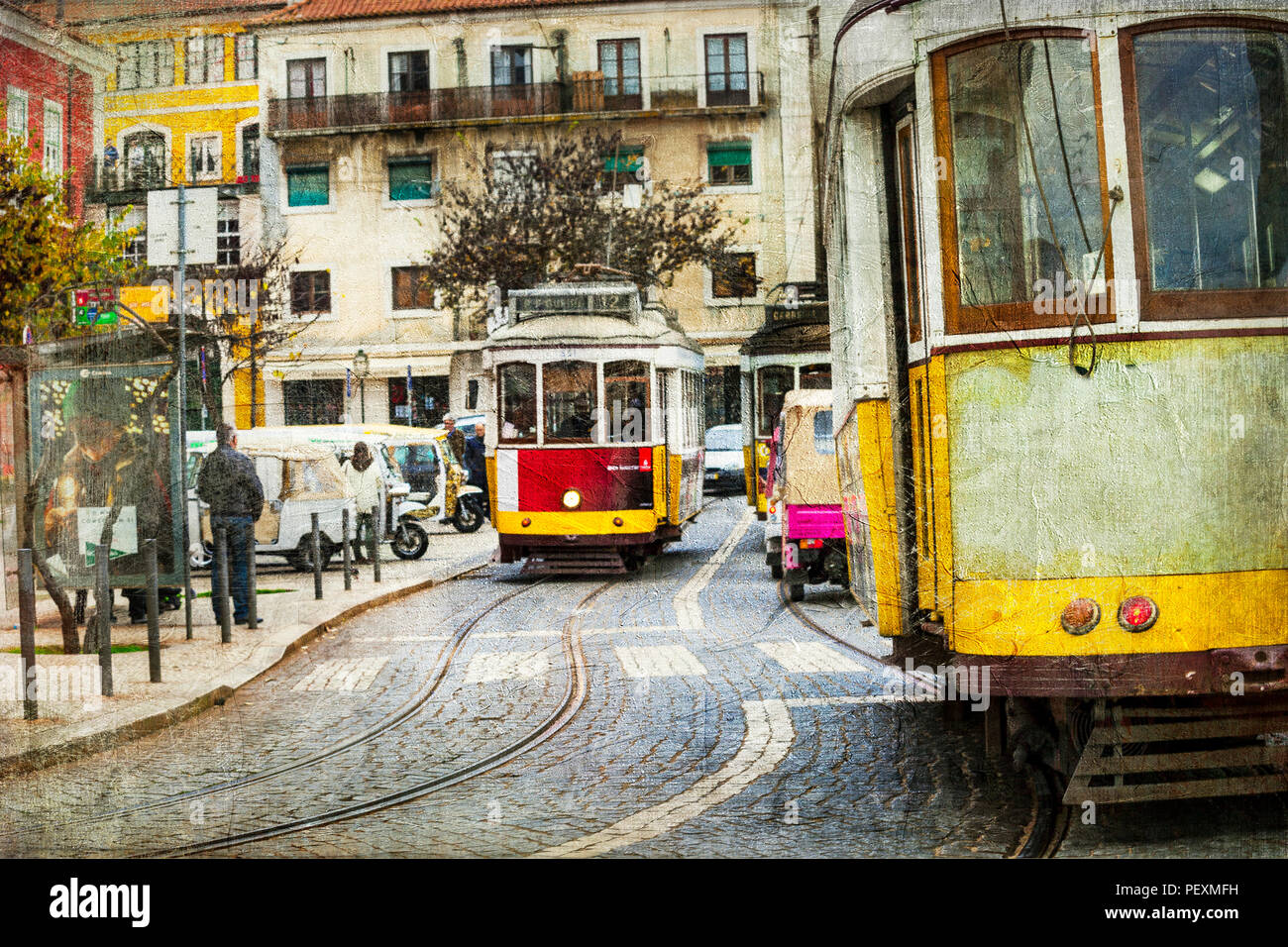 Tradizionale vecchio tram in Lisboa, Portogallo. Foto Stock