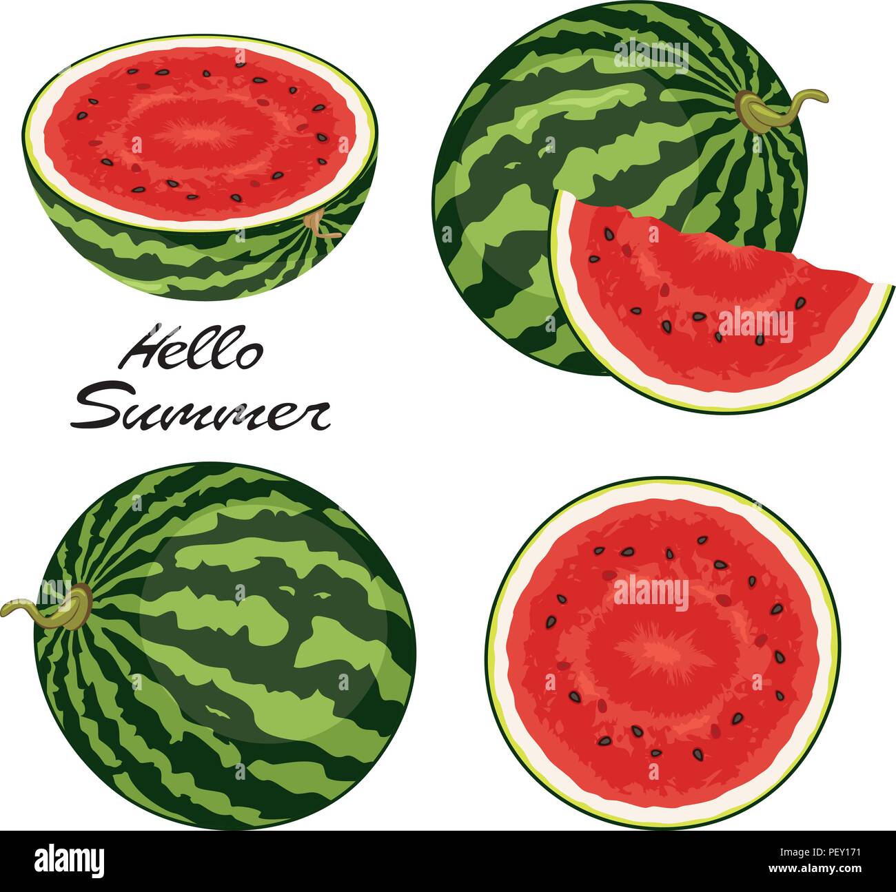 Vettore set di anguria isolati su sfondo bianco. mature succose fette di cocomero e intera cocomeri di alimenti sani sfondi. ciao estate illu Illustrazione Vettoriale