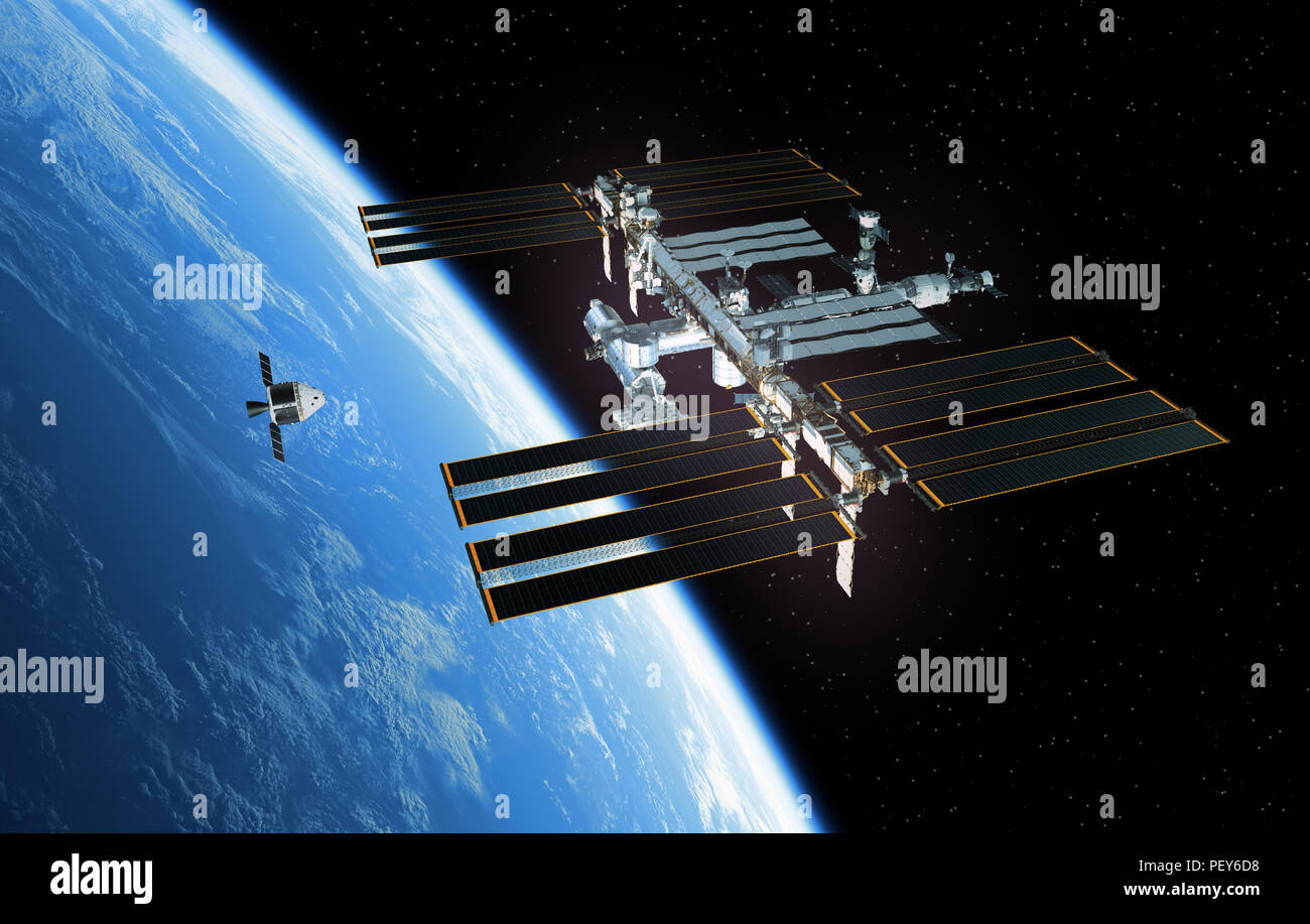 Astronave si prepara a Dock con la stazione spaziale internazionale. 3D'illustrazione. Foto Stock